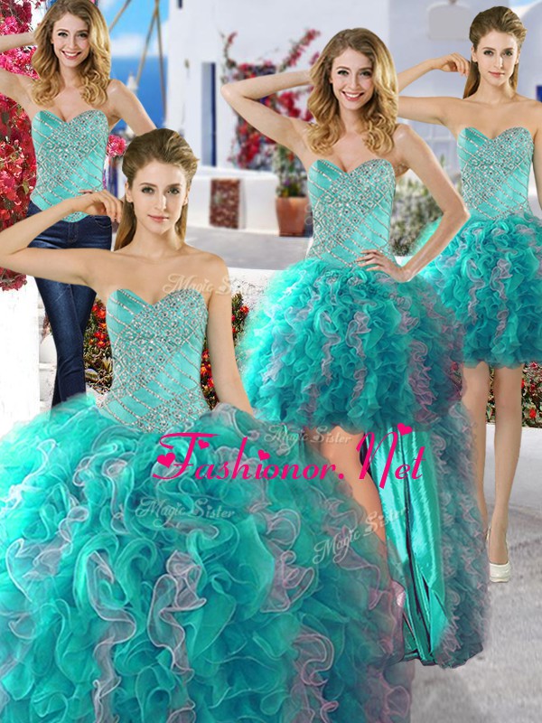 Romantic Four Piece Multi-color Organza Lace Up Quince Ball Gowns Sleeveless Floor Length Beading