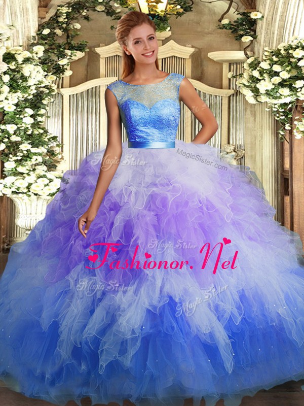 Ideal Scoop Sleeveless 15 Quinceanera Dress Floor Length Lace and Ruffles Multi-color Organza
