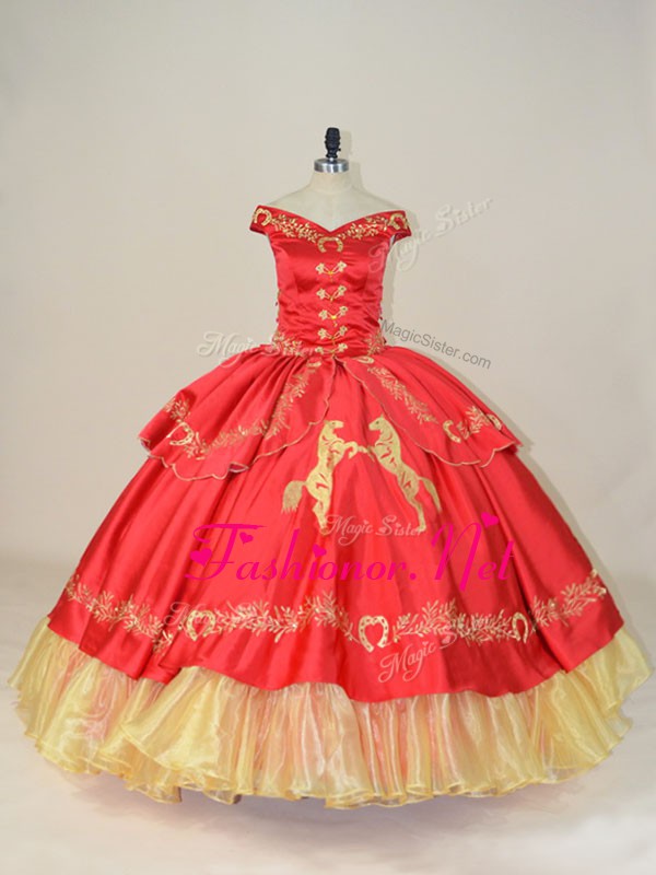 Admirable Red Quinceanera Dresses Sweet 16 and Quinceanera with Embroidery Off The Shoulder Sleeveless Lace Up