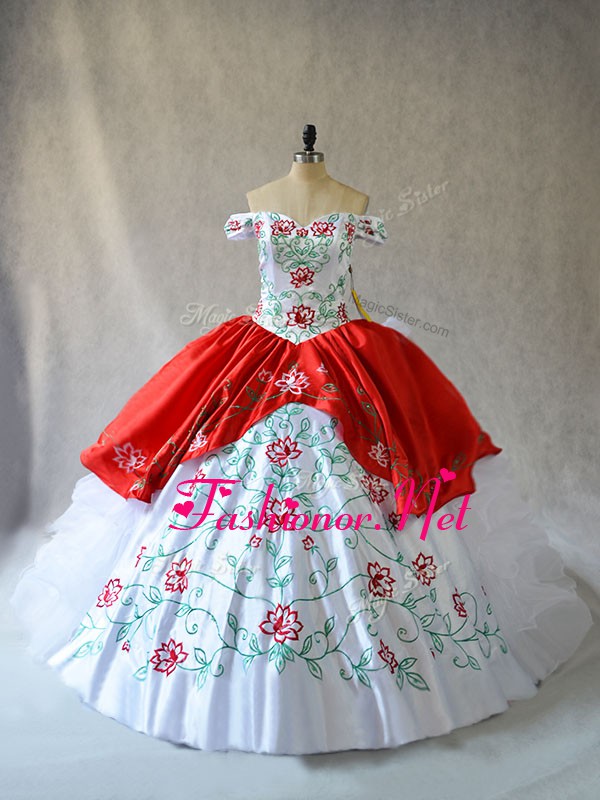  Sleeveless Organza Lace Up Sweet 16 Dress in White And Red with Embroidery and Ruffled Layers