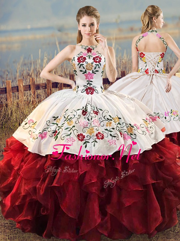  White And Red Ball Gowns Organza Halter Top Sleeveless Embroidery and Ruffles Floor Length Lace Up Quinceanera Dresses