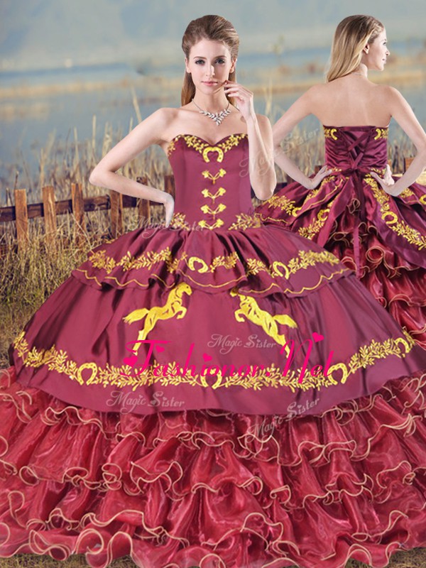  Burgundy Lace Up Sweetheart Embroidery and Ruffled Layers Sweet 16 Quinceanera Dress Satin and Organza Sleeveless Brush Train