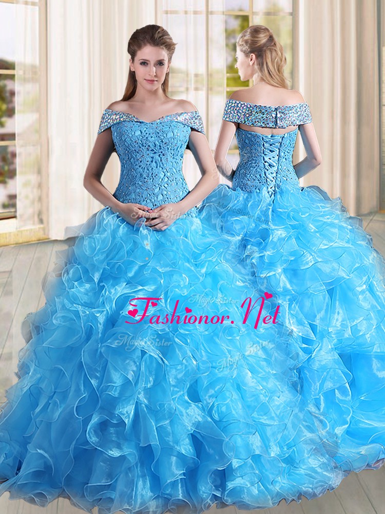Best Sleeveless Organza Sweep Train Lace Up Sweet 16 Dresses in Baby Blue with Beading and Lace and Ruffles