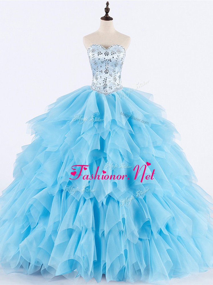 Dynamic Baby Blue Ball Gowns Tulle Sweetheart Sleeveless Beading and Ruffles Floor Length Lace Up Sweet 16 Dresses