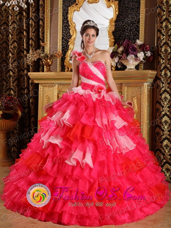 Beautiful One Shoulder Colorful Hand Made Flowers Decorate and Ruffles Layered For Ball Gown For 2013 Spring Quinceanera  in Camiri Bolivia Style QDZY239FOR