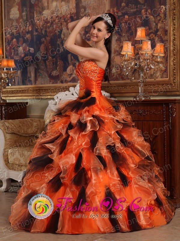 Beautiful Orange taffeta and multi-color organza Strapless Quinceanera Dress For 2013 Fall  Pando Uruguay Style QDZY460FOR