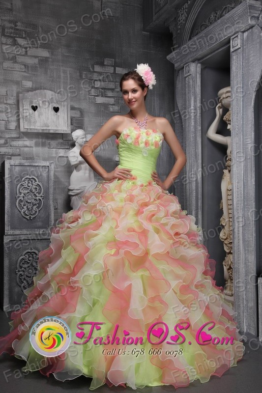 Waving tucks strapless Flower Decorate Multi-color For Sweet 16 Dress In 2013 Quinceanera   IN Salinas Uruguay Style ZYLJ07FOR