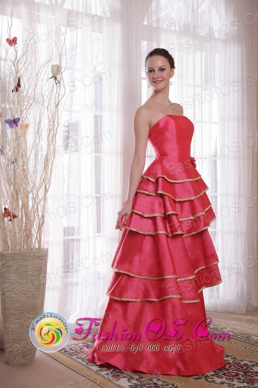Coral Red Princess For Formal Party Layers Satin Dama Dress with Hand Flower Decorate In San Lorenzo Honduras Wholesale Style PDHXQ069FOR