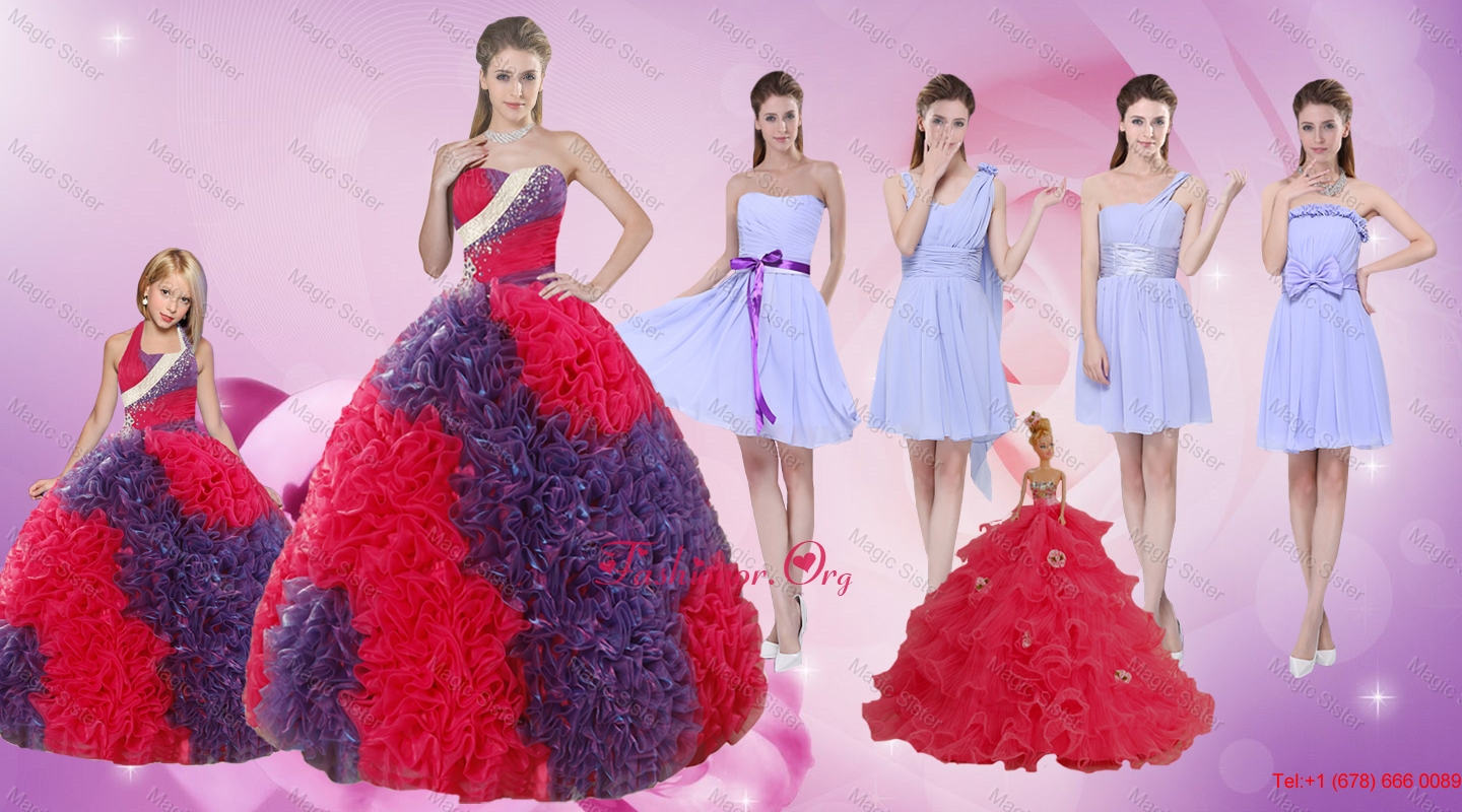 Elegant Multi Color Floor Length Quinceanera Dress and Ruching Short Dama Dresses and  Multi Color Halter Top Little Girl Dress XFNAO26776ZHTZ001FOR