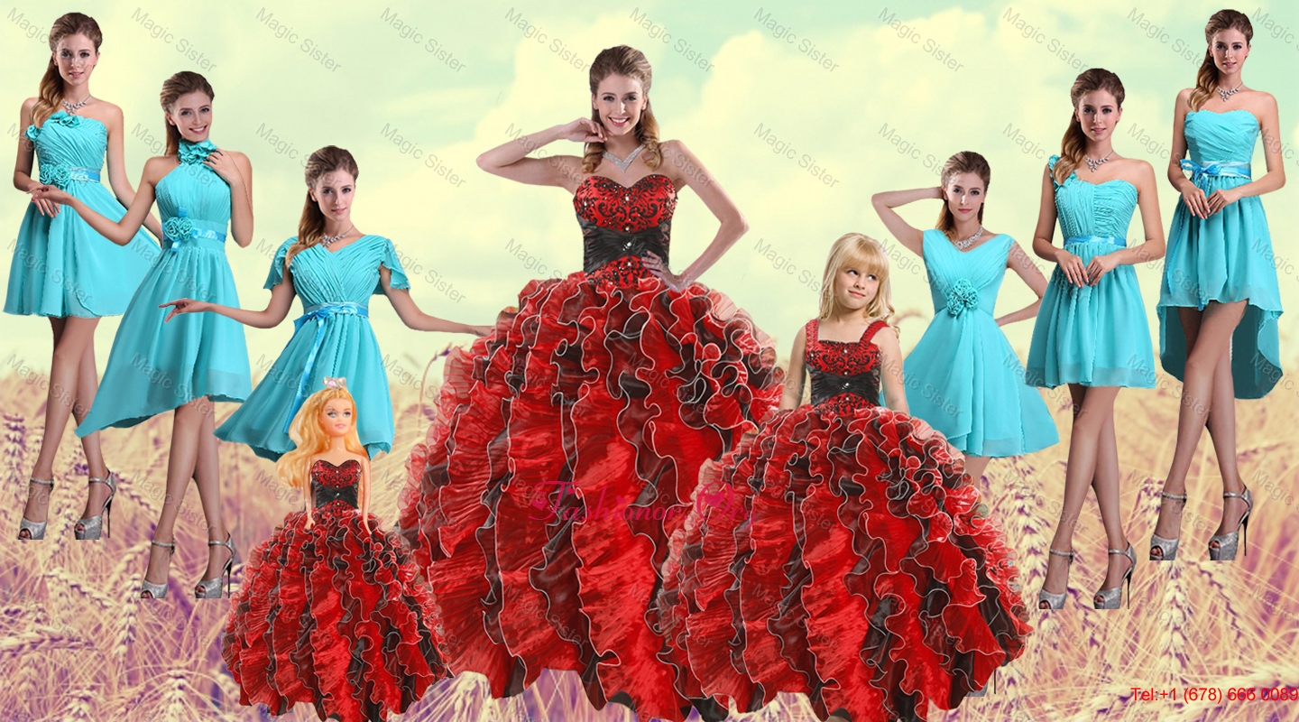 Multi Color Sweetheart Ruffles Quinceanera Dress and Baby Blue Short Dama Dresses and  Multi Color Straps Beading Little Girl Dress XFNAOA32ZHTZ004FOR
