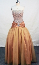 Beautiful A-line Strapless Floor-length Tulle Gold Prom Dresses Beading Style FA-Z-00139
