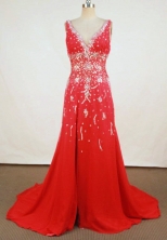 Beautiful A-line V-neck Floor-length Red Beading Prom Dresses Style FA-C-180