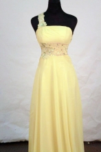 Beautiful Empire One-shoulder neck Floor-length Chiffon Yellow Appliques With Beading Prom Dresses Style FA-C-197