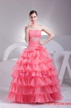 2015 Fall Appliques and Ruffles Layered Strapless Watermelon Quinceanera Dress FFQD070FOR