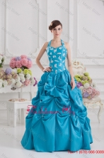 2015 Fall Princess Taffeta Appliques Ruffles Teal Quinceanera Dress with Halter Top FVQD007FOR