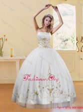 2015 New Style Strapless Embroidery White and Gold Dresses for Quinceanera XFNAO5789TZFXFOR