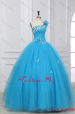Appliques and Hand Made Flowers One Shoulder Quinceanera Dress in Aqua FFQD0104FOR