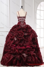 Burgundy Spaghetti Straps Appliques and Pick ups Long Quinceanera Dress FFQD083FO