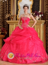 Coral Red Strapless Appliques And Pick-ups Decorate Fabulous Sweet 16 Quinceanera Dress  In Bahia Blanca Argentina  Style QDZY192FOR