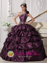 Customize One Shoulder Neckline Dark Purple Quinceanera Dress With Appliques and Pick-ups Decorate In Goya  Argentina Style FOR 