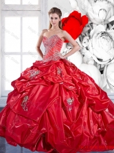 Popular Pick Ups and Appliques 2015 Red Quinceanera Dresses with Brush Train QDDTC38002FOR