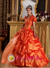 Sweetheart Taffeta Appliques and Beading Decorate Orange Quinceanera Dress with Pick-ups In Resistencia Argentina  Style QDML069FOR