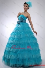 Teal Strapless Tulle and Sequins Long Quinceanera Dress with Bowknot FFQD056FOR