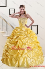 Yellow Beading Strapless 2015 Quinceanera Dresses with Sweep Train XFNAO008FOR