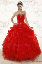 2015 Red Ball Gown Strapless Sweet 15 Dresses with Beading and Ruffles XFNAO031FOR