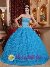 Camaguey Cuba 2013  Gorgeous Blue Sweet Sweet sixteen Dress Fabric With Rolling Flowers Ball Gown Strapless Beading Ball Gown Style QDZY576FOR