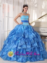 Cardenas Cuba Lovely Sweet 16 Blue Organza sweet sixteen Dress With Strapless Appliques and Paillette tiered skirt Style PDZY497FOR  