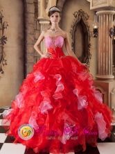 Holguin Cuba Red Ball Gown Strapless Floor-length Organza Dress For 2013 Sweet sixteen Style  QDZY250FOR 