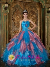 Manzanillo Cuba Beading and Ruffles Decorate Bodice Sky Blue and Watermelon Red For 2013 sweet sixteen  Dress Strapless Organza Style QDZY242FOR