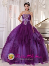 Moa Cuba Tulle sweet sixteen Dress Beading and Bowknot For Elegant Strapless Purple ruffled Military Ball Style PDZY368FOR