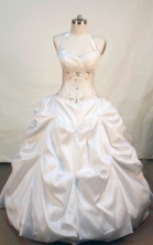 Perfect ball gown halter top neck floor-length taffeta appliques white quinceanera dress FA-X-009