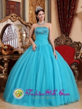 Pinar del Rio Cuba Spring Embroidery with Exquisite Beadings Popular Turquoise Sweet sixteen Dress Strapless Tulle Ball Gown Style QDZY592FOR