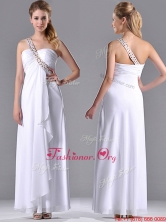 Fashionable Empire One Shoulder Chiffon Side Zipper White Prom Dress with Beading THPD255FOR