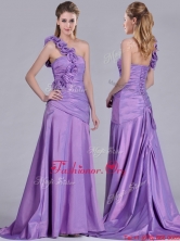 Lovely Brush Train Lilac Prom Dress with Hand Made Flowers Decorated One Shoulder THPD223FOR
