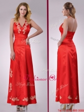 Modest Column Halter Top Backless Red Prom Dress with Appliques THPD324FOR