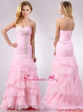 Popular Brush Train Organza Pink Prom Dress with Beading and Ruffles THPD036FOR