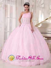 Baby Pink One Shoulder Beading Tulle Ball Gown For Sweet 16 in Sonsonate   El Salvador  Style PDZY751FOR 