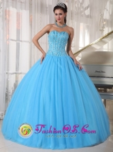 For Sweet 16 Sky Blue Sweetheart Beaded Decorate Bodice Tule Quinceanera Dress  in San Martin    El Salvador  Style PDZY690FOR