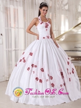 Halter Top White Quinceanera Dress Taffeta Embroidery Ball Gown For Summer Party in Comasagua El Salvador Style QDZY568FOR
