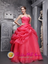 Organza Beading and Ruch Decorate Pick-ups Coral Red Quinceanera Dress With Sweetheart  in Acajutla  El Salvador Style QDML061FOR