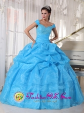 Sky Blue Off The Shoulder Taffeta and Organza Quinceanera Dress With Deads and Pick-ups in Soyapango   El Salvador  Style PDZY595FOR