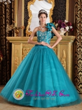 Stunning A-Line Turquoise One Shoulder Tulle Beaded Decorate Quinceanera Gowns in Mejicanos   El Salvador  Style QDZY202FOR