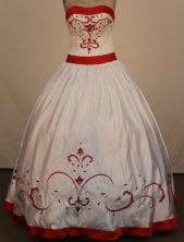 The Most Pouplar Ball Gown Strapless Floor-Lengtrh White Embroidery Quinceanera Dresses FA-S-202