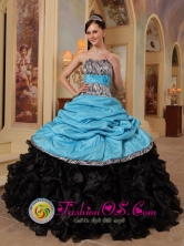 2013 Ayutla Guatemala Safford strapless Aque Blue and Black Zebra Ruffles and Sash Quinceanera Dresses With Pick-ups For  Graduation Style QDZY434FOR