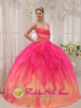 2013 Ciudad Vieja Guatemala Hot Pink and Gold Riffles Sweet 16 Quinceanera Dress With Ruch Bodice Organza and Beaded Decorate Bust Style QDZY370FOR 