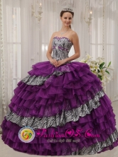 2013 Melchor de Mencos Guatemala Customize Zebra and Purple Organza With shiny Beading Affordable Quinceanera Dress Sweetheart Ball Gown Style QDZY436FOR